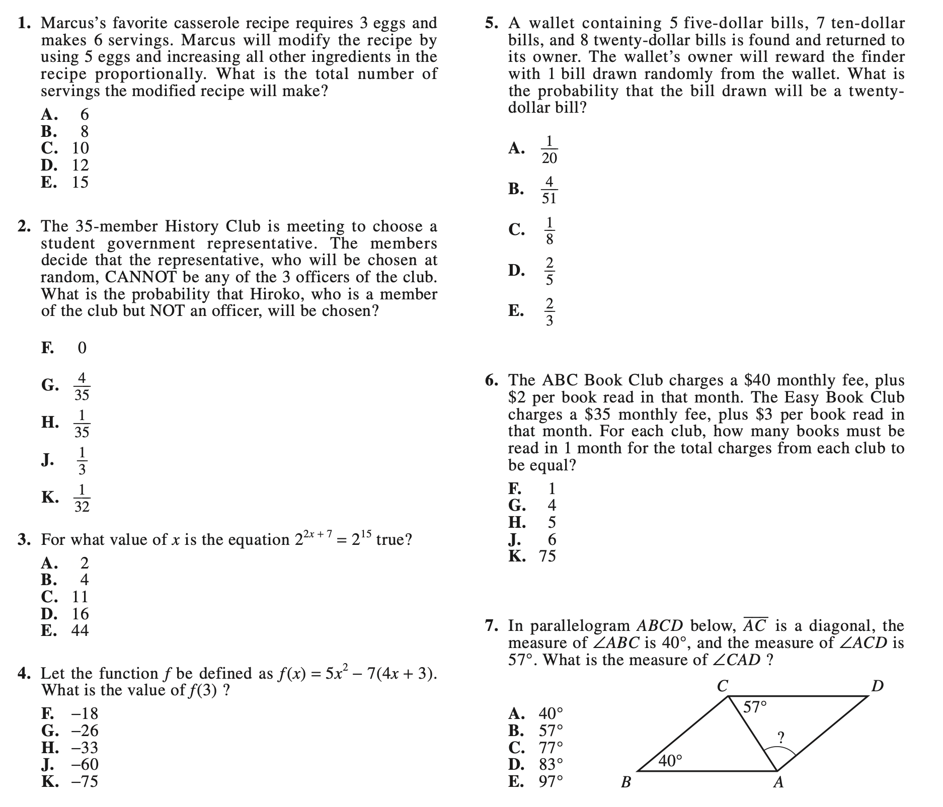 ACT math sample questions